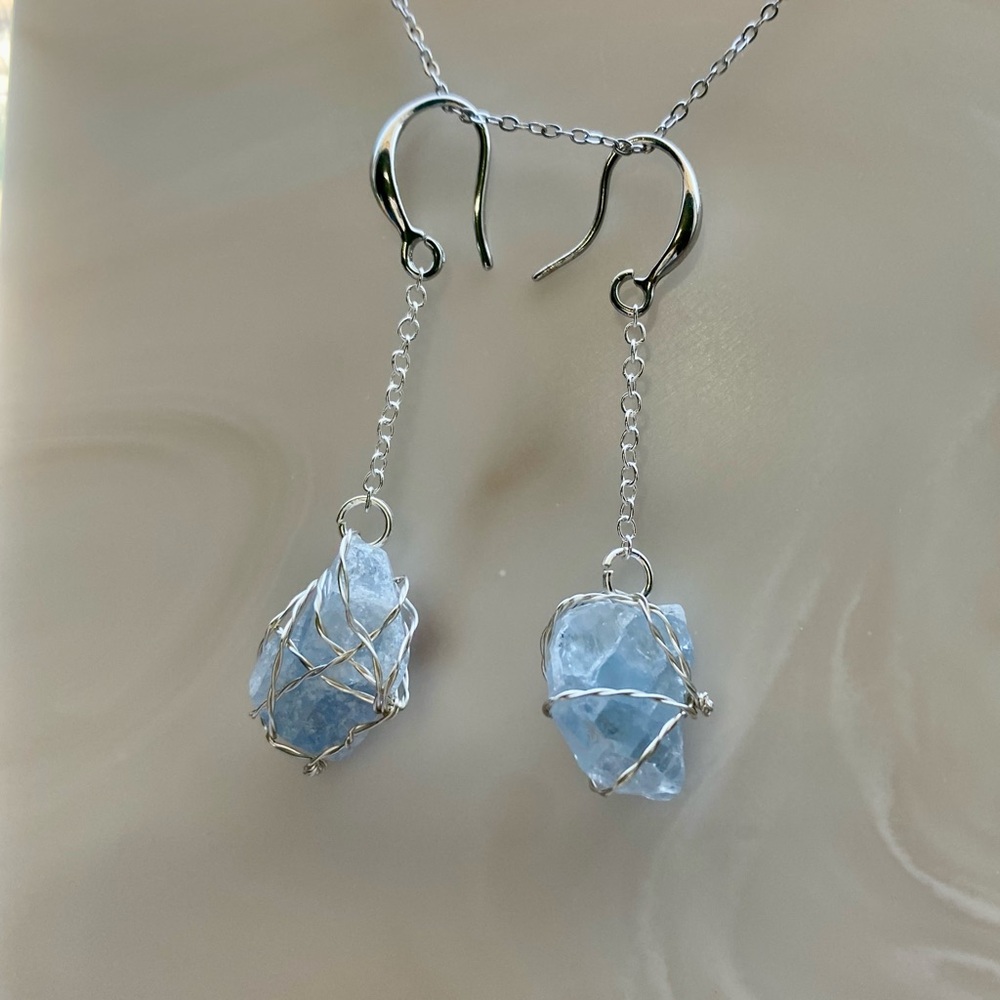 Blue celestite stone  Wire-Wrapped Earrings E31